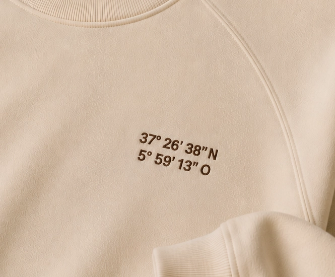 Coordenadas bordadas sobre sudadera de acusmagna.