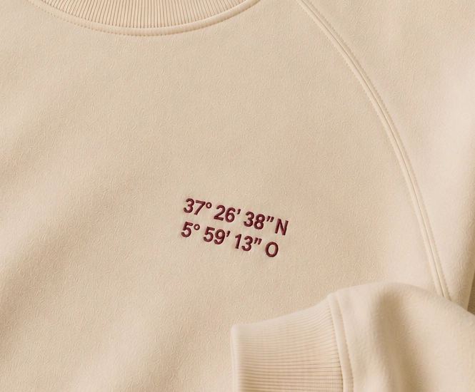 Coordenadas bordadas sobre sudadera de acusmagna.