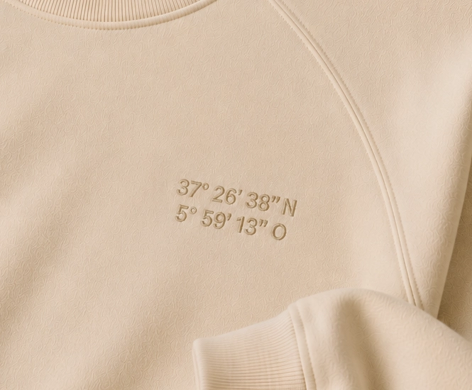 Coordenadas bordadas sobre sudadera de acusmagna.