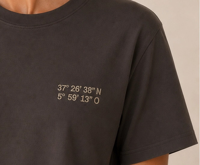 Coordenadas bordadas sobre camiseta de acusmagna.