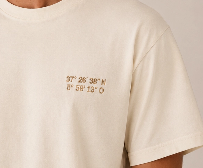 Coordenadas bordadas sobre camiseta de acusmagna.