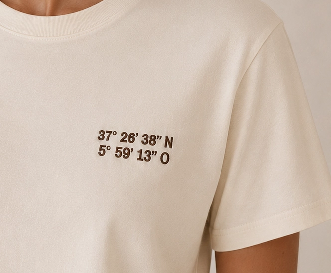 Coordenadas bordadas sobre camiseta de acusmagna.