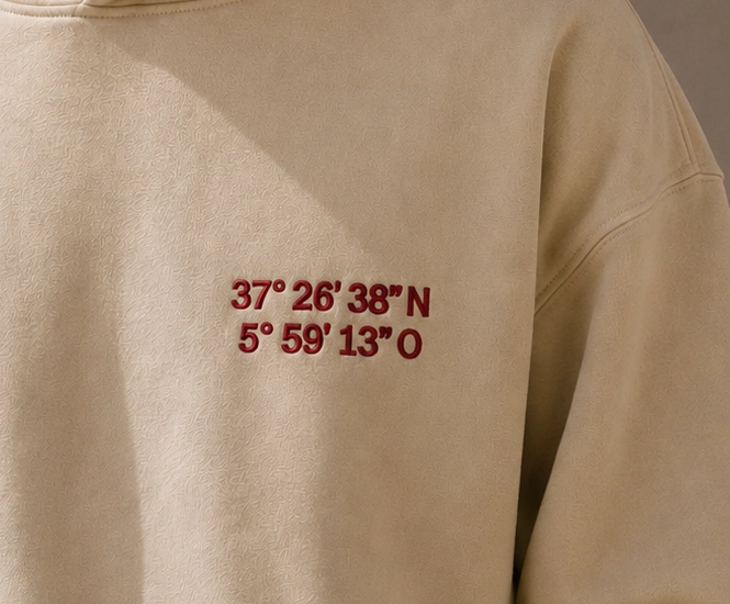 Sudadera con coordenadas bordadas en el pecho.