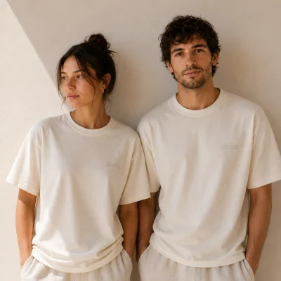 Pareja con camisetas bordadas de acusmagna.