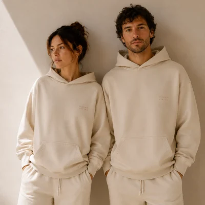 Pareja con coordenadas bordadas sobre sudadera de acusmagna.
