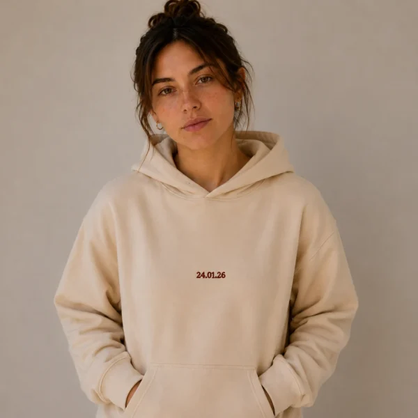 Mujer con sudadera con capucha y bolsillo con fecha bordada.
