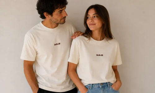 Pareja de novios con camisetas a juegos con fecha bordada.