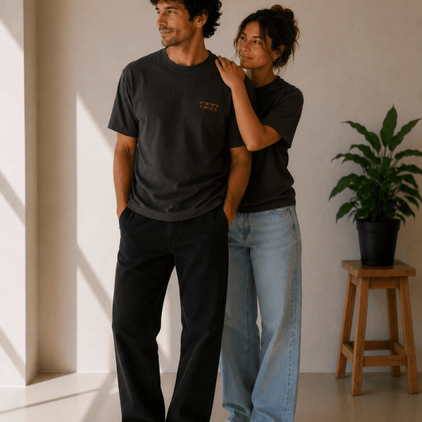 Pareja con camiseta grafito profundo con coordenadas bordadas en rosa sofisticado de acusmagna.