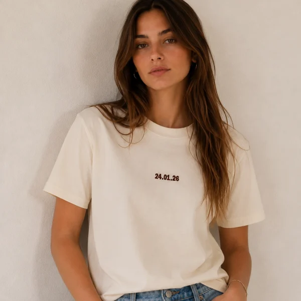 Mujer con camiseta bordada con fecha.
